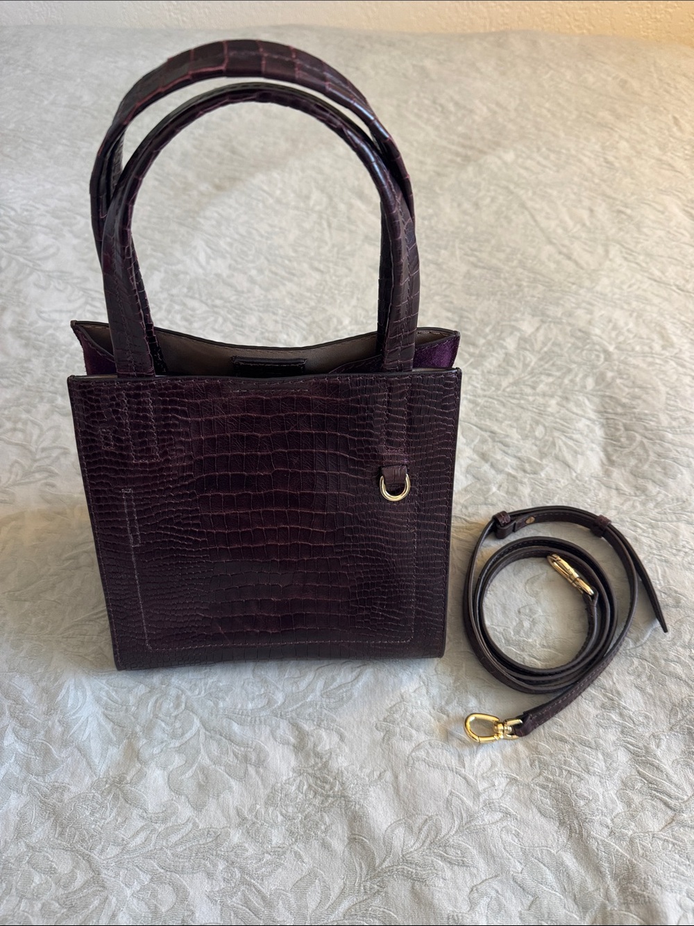 Banana Republic Croc-Embossed Satchel in Deep Plum with Gold Hardware